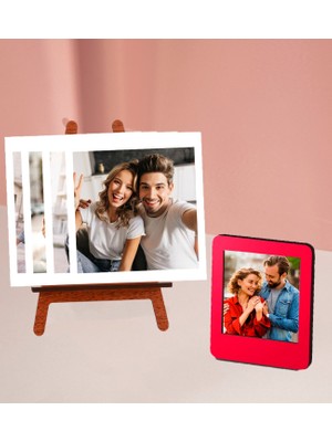 Kişiye Özel 4 Polokart Fotoğraflı Şövale ve Kırmızı Ahşap Mdf Çerçeve