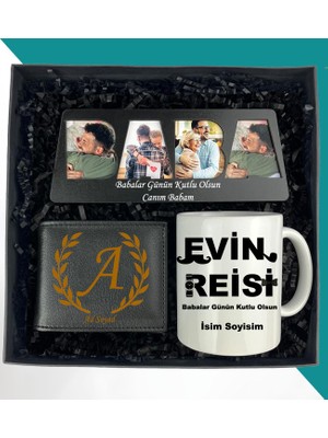 Kişiye Özel 4 Fotoğraflı Baba Tasarımlı Masaüstü Çerçeve Erkek Deri Cüzdan Resimli Kupa Bardak