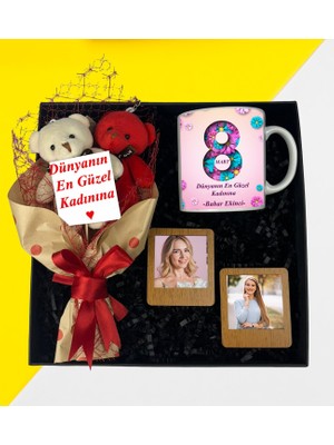 Premium Fotoğraflı Ayıcık Buketimart Kupa Bardak Ikili Ahşap Kahve Masaüstü Çerçeve