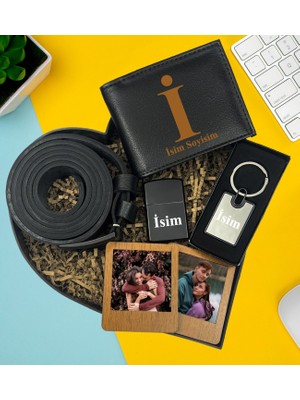 Kişiye Özel Premium Kalp Kutu Cüzdan Kemer Metal Lüx Anahtarlık Zippo Metal Çakmak Ikili Ahşap Kahverengi Mdf Masaüstü Çerçeve Hediye Set
