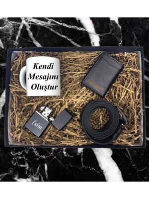 Kişiye Özel Kendi Mesajını Oluştur Tasarımlı Kupa Bardak Mekanizmalı Cüzdan Kemer Çakmak Özel Hediye Seti