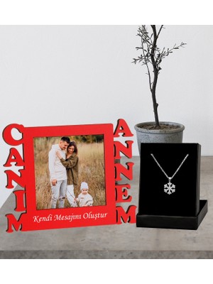 Annelere Özel Canım Annem Tasarımlı Premium Fotoğraflı Kırmızı Masaüstü Çerçeve ve Kartanesi Kolye Set