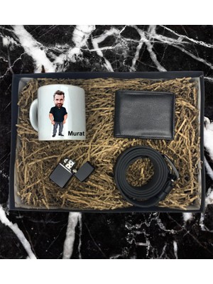 Kişiye Özel Erkek Karikatür  Tasarımlı Kupa Bardak Cüzdan Kemer Çakmak Özel Hediye Seti