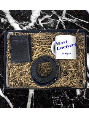 Kişiye Özel Mavi Bordo Taraftar Tasarımlı Kupa Bardak Mekanizmalı Cüzdan Kemer Özel Hediye Seti