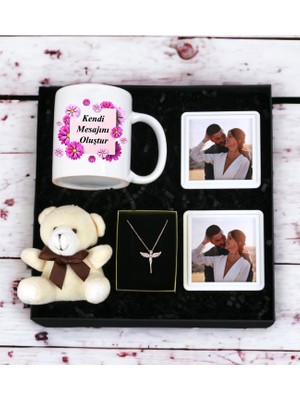 Kişiye Özel Kendi Mesajını Oluştur Beyaz Kupa Bardak Ayıcık Anahtarlı Çerçeve ve Melek Kolye Set