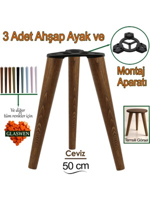 3 Adet Ahşap Ayak 50 cm Ceviz M8 Civatalı Bağlantı Aparatlı Mobilya Tabure Sehpa Masa Destek Ayağı