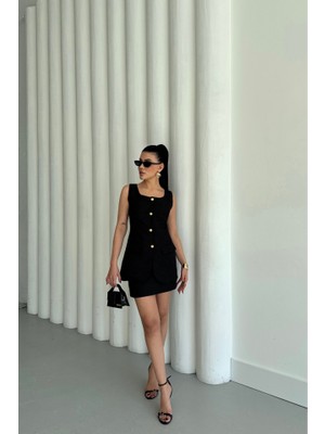 Jakar Keten Yelek - Kısa Etek Takım - Siyah