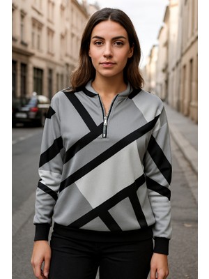 Kadın Uzun Kollu Yuvarlak Yaka Fermuarlı Desenli Şardonlu Bluz