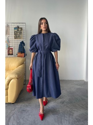 Tencel Karpuz Kol Elbise - Indigo