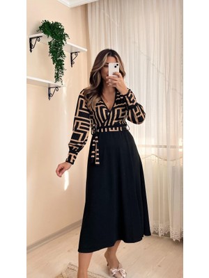 Kadın Uzun Kollu Kruvaze Yaka Dalgıç Krep Midi Boy Elbise