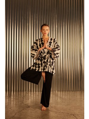 Kadın Keten Dokuma Yırtmaç Detaylı Kimono