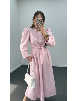 Saghar Pembe Çizgili Karpuz Kol Gömlek ve Midi Etek Takımı