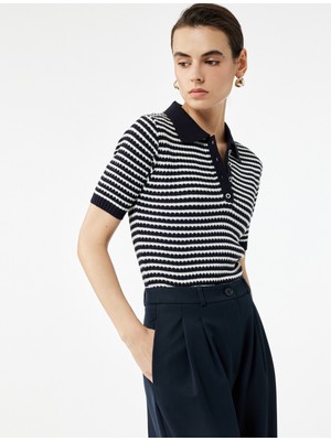 Kısa Kollu Çizgili Düğmeli Triko Polo Yaka Kazak