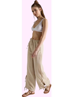 Kadın Yazlık Pamuk Müslin Pantolon; Rahat Bol Boru Paça Bağlama Detaylı Yaz Aylarının Vazgeçilmezi