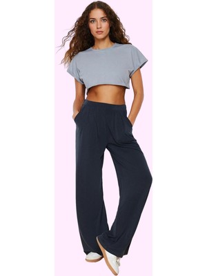 Kadın Yüksek Bel Geniş Paça Pantolon Modal Kumaştan Sürdürülebilir Günlük Kaliteli Malzeme