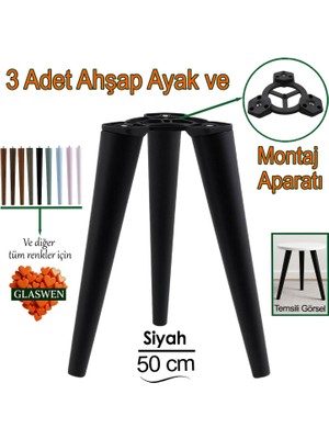 3 Adet Ahşap Ayak 50 cm Siyah M8 Civatalı Bağlantı Aparatlı Mobilya Tabure Sehpa Masa Destek Ayağı