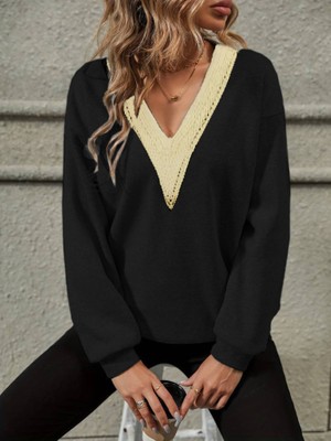 Kadın Uzun Kollu V Dantel Yaka Şardonsuz Üç Iplik Bluz