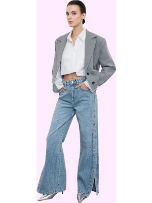 Kadın Care Koleksiyonu Pamuk Denim Pantolon Yüksek Bel Geniş Paça Casual Stil Günlük Kullanım