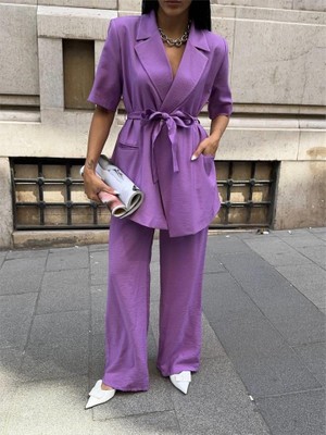 Kısa Kol Bağlama Detaylı Ceket-Pantolon Takım - Mor