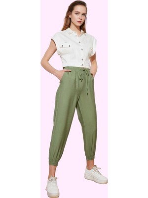 Kadın Dokuma Jogger Pantolon; Rahat Yüksek Bel Lastikli Paça Günlük Kombinler Modern Tasarım