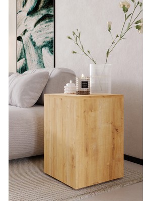 Blok Yan Sehpa Safir Meşe Ahşap Desenli Bohem Stil