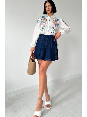 Beyaz Çiçek Nakışlı Gömlek