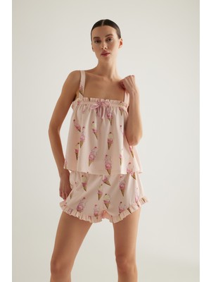 Kadın Pamuklu Yakası Büzgülü Kalın Askılı Atlet Pijama Üstü