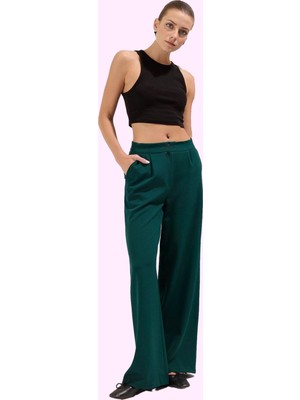 Kadın Yüksek Bel Wide Leg Pantolon Finike Dokuma Kumaş Çift Cepli Rahat Günlük Özel Günler