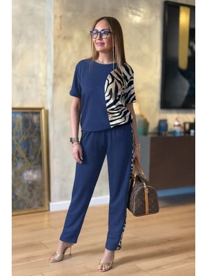 La Mode Istanbul Kadın Kısa Kollu Bisiklet Yaka Zebra Desen Bluz ve Pantolon Ikili Takım