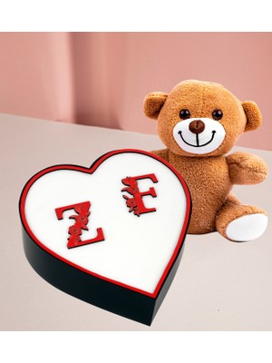 Kalp Kutu Kişiye Özel Çift Harf Tasarımlı Kalp Kutu ve 25 cm Peluş Ayıcık