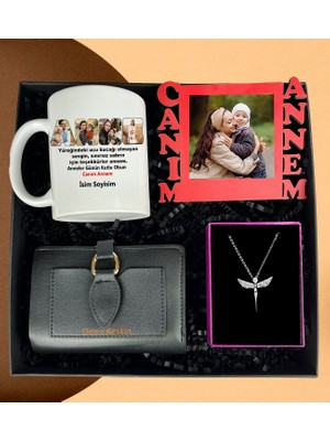 Anneler Gününe Özel Canım Annem Kırmızı Çerçeve Siyah Cüzdan Melek Kolye ve 4 Fotoğraflı Anne Tasarımlı Kupa Bardak