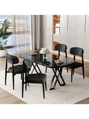 Jolin Serisi Mdf 90X168 Siyah Mermer Desen Masa Takımı 4 Siyah Metal Sandalye