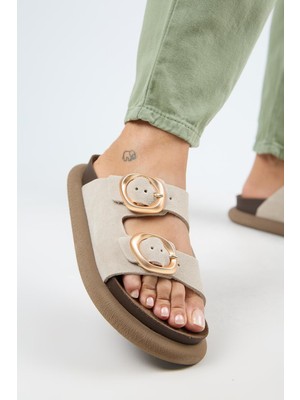 Manijero Narducci Kadın Hakiki Deri Çift Tokalı Bej Terlik