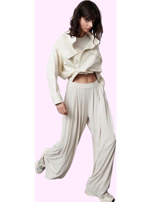 Kadın Düz Desen Pileli Wide Leg Uzun Pantolon Rahat Örme Kumaş Günlük Kullanım Özel Günler