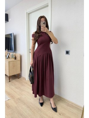 Asimetrik Düşük Yaka Kolsuz Uzun Elbise - Bordo