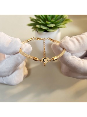 14 Ayar Plakalı Altın Ay Yıldız Temalı Kalp Motifli Hasır Kordonlu Hediye BILEKLIK-474SEMBOL