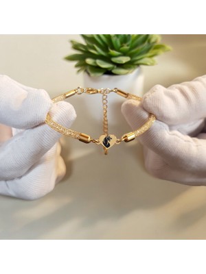 14 Ayar Altın Plakalı Aslan Temalı Hasır Kordonlu Kalp Motifli Hediye BILEKLIK-474SEMBOL