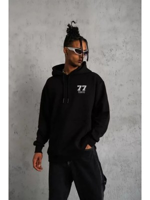 Unisex Kapşonlu Baskılı Sweetshirt - Siyah