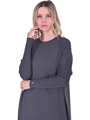 Sıkma Kol Triko Elbise Füme