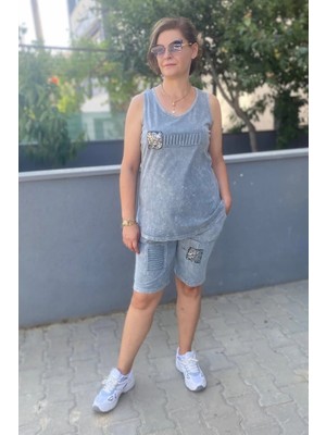 Büyük Beden Gri Gümüş Şort Takım
