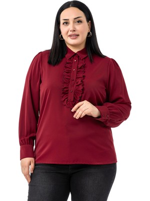 Büyük Beden Önü Fırfır Detaylı Gömlek Yaka Manşetli Bordo Gömlek