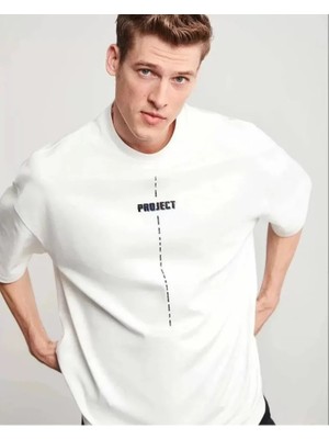 Unisex Bisiklet Yaka Baskılı Oversize T-Shirt - Beyaz