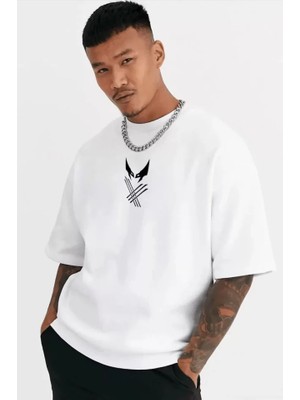 Unisex Bisiklet Yaka Baskılı Oversize T-Shirt - Beyaz