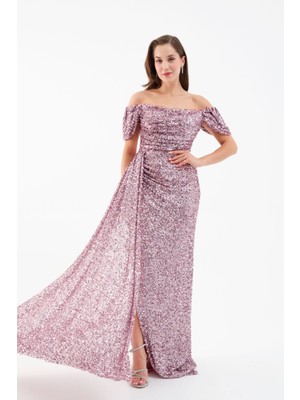 Kadın Pudra Pul Payet Işlemeli Uzun Abiye Elbise
