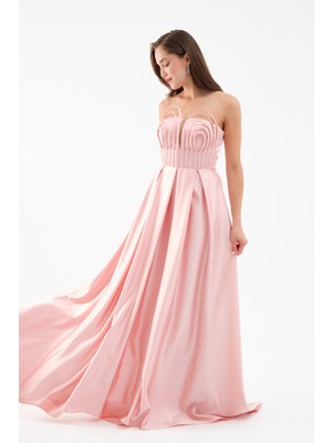 Kadın Pudra Göğüs Detay Uzun Saten Abiye Elbise