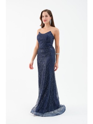 Kadın Lacivert Straplez Boncuklu Uzun Balık Abiye Elbise