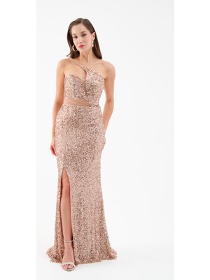 Kadın Gold Bel Transparan Yırtmaçlı Payetli Uzun Abiye Elbise