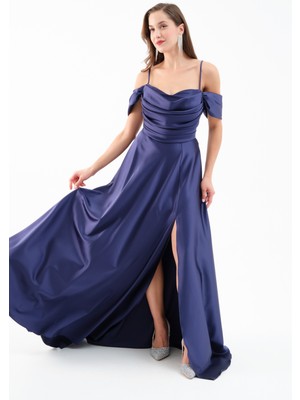 Kadın Lacivert Düşük Kol Saten Abiye Elbise