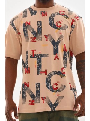 Unisex Baskılı Oversize T-Shirt - Bej