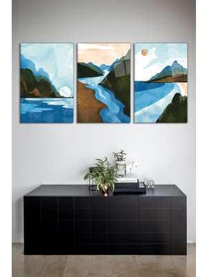 Soyut Dağ Deniz Manzarası 3'lü Cam Tablo Seti, Modern Ev Ofis Dekoru, Hediyelik Duvar Dekorasyonu